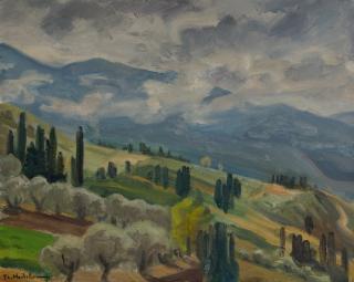 Pyrgos Area with Misty Clouds — Oil painting, Canvas, 40.00×50.00cm — Theodoros Markellos